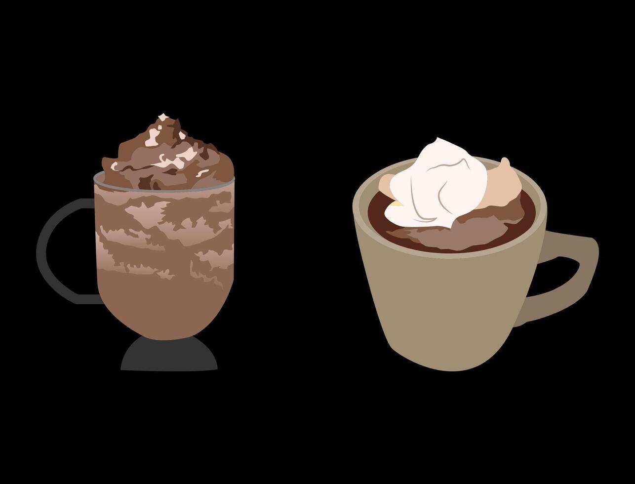 iced chocolate shake with bubbles and hot chocolate with added vanilla cream and coffee. happy, relaxed. black background vector