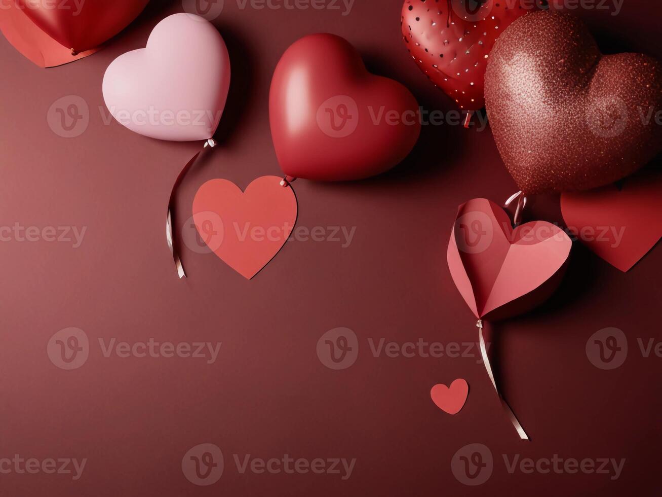Valentine's Day flat lay composition with gift boxes and hearts on pastel pink background. Flat lay, top view. photo