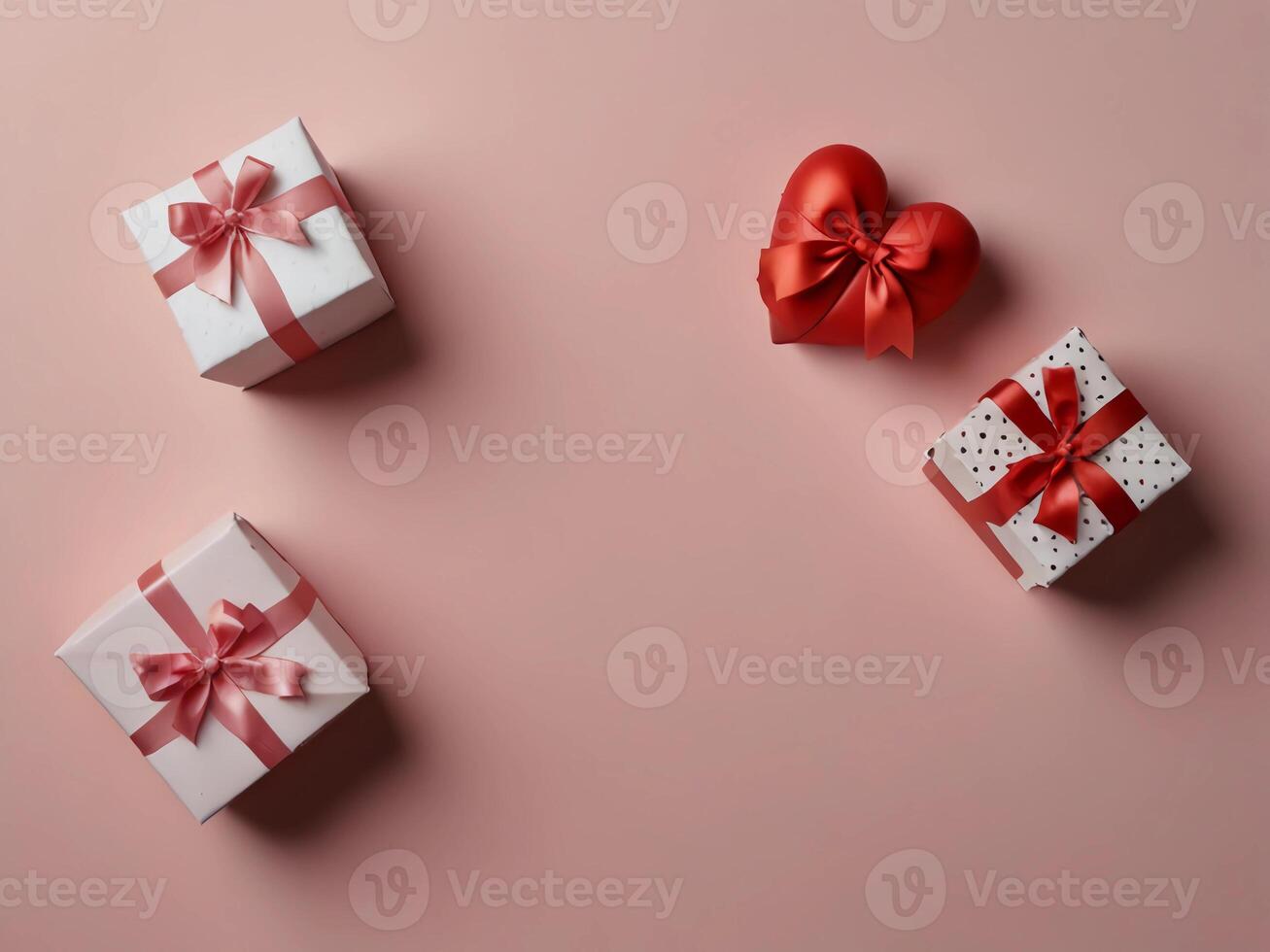 Valentine's Day flat lay composition with gift boxes and hearts on pastel pink background. Flat lay, top view. photo