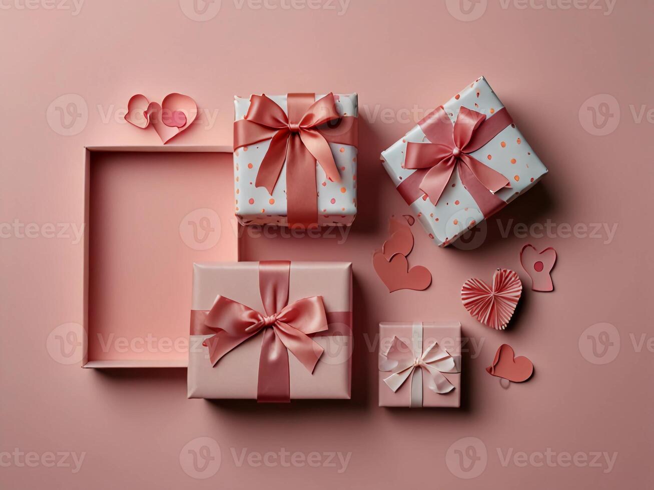Valentine's Day flat lay composition with gift boxes and hearts on pastel pink background. Flat lay, top view. photo