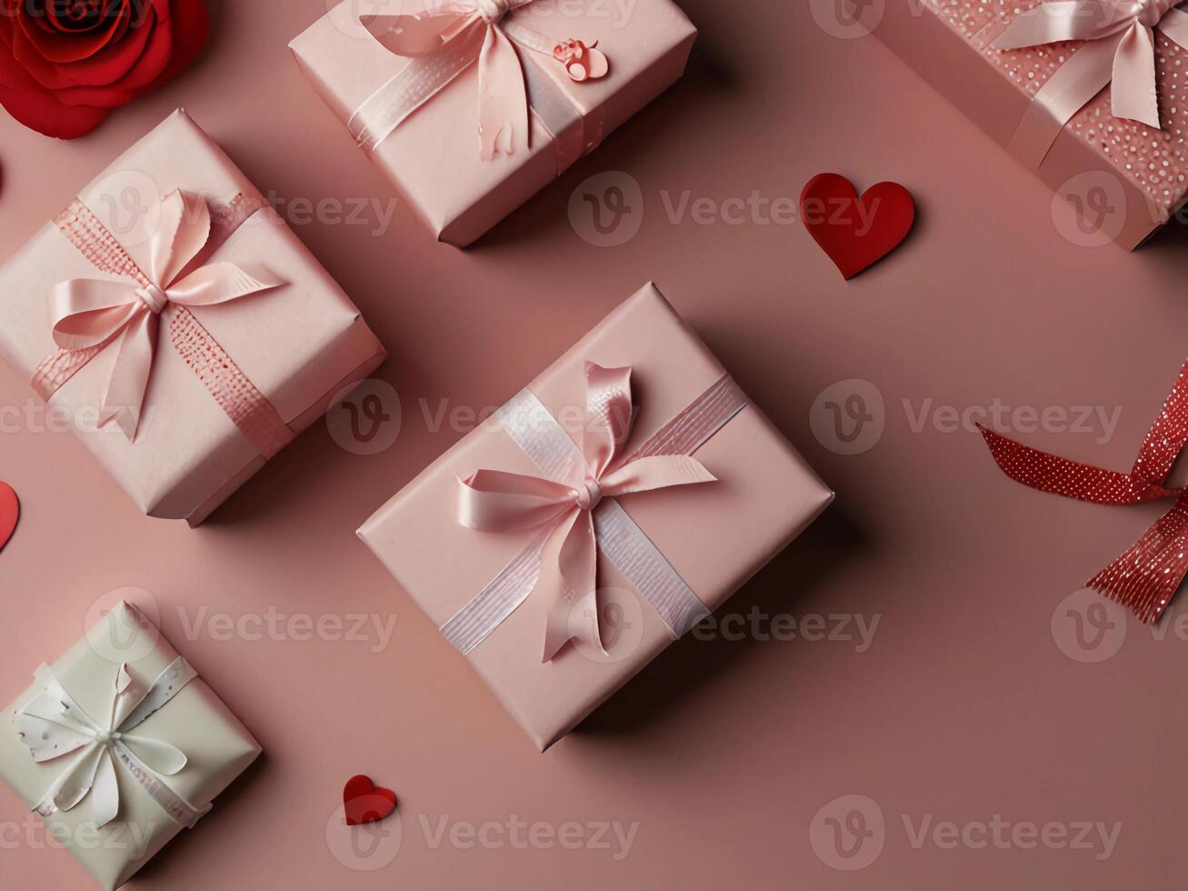 Valentine's Day flat lay composition with gift boxes and hearts on pastel pink background. Flat lay, top view. photo