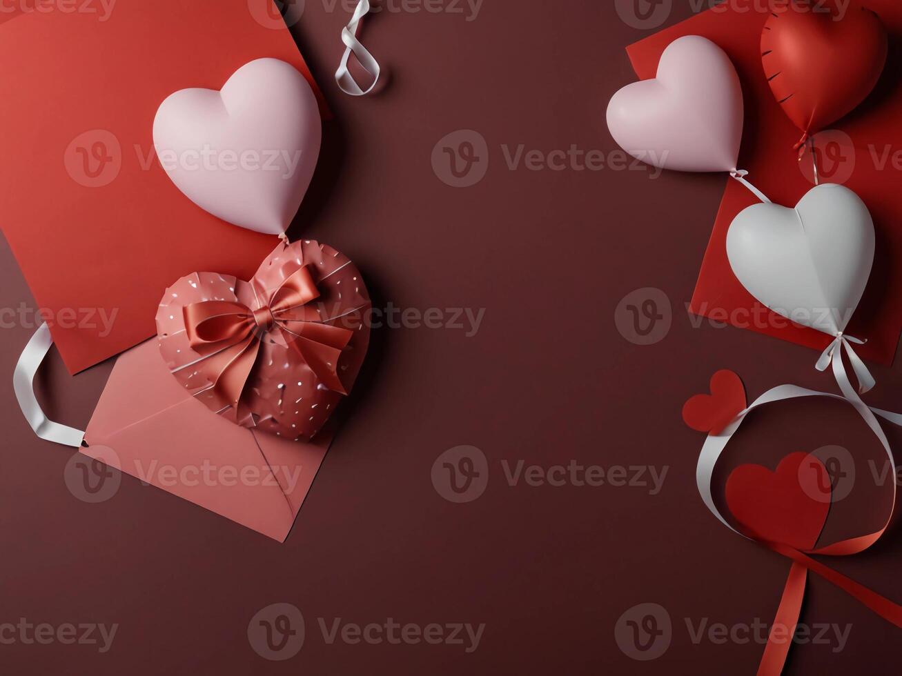 Valentine's Day flat lay composition with gift boxes and hearts on pastel pink background. Flat lay, top view. photo