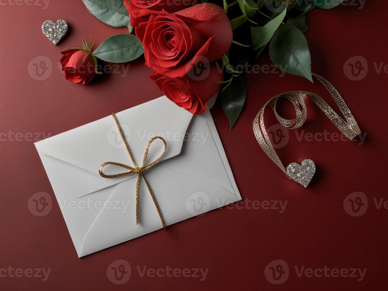 Valentine's Day flat lay composition with gift boxes and hearts on pastel pink background. Flat lay, top view. photo