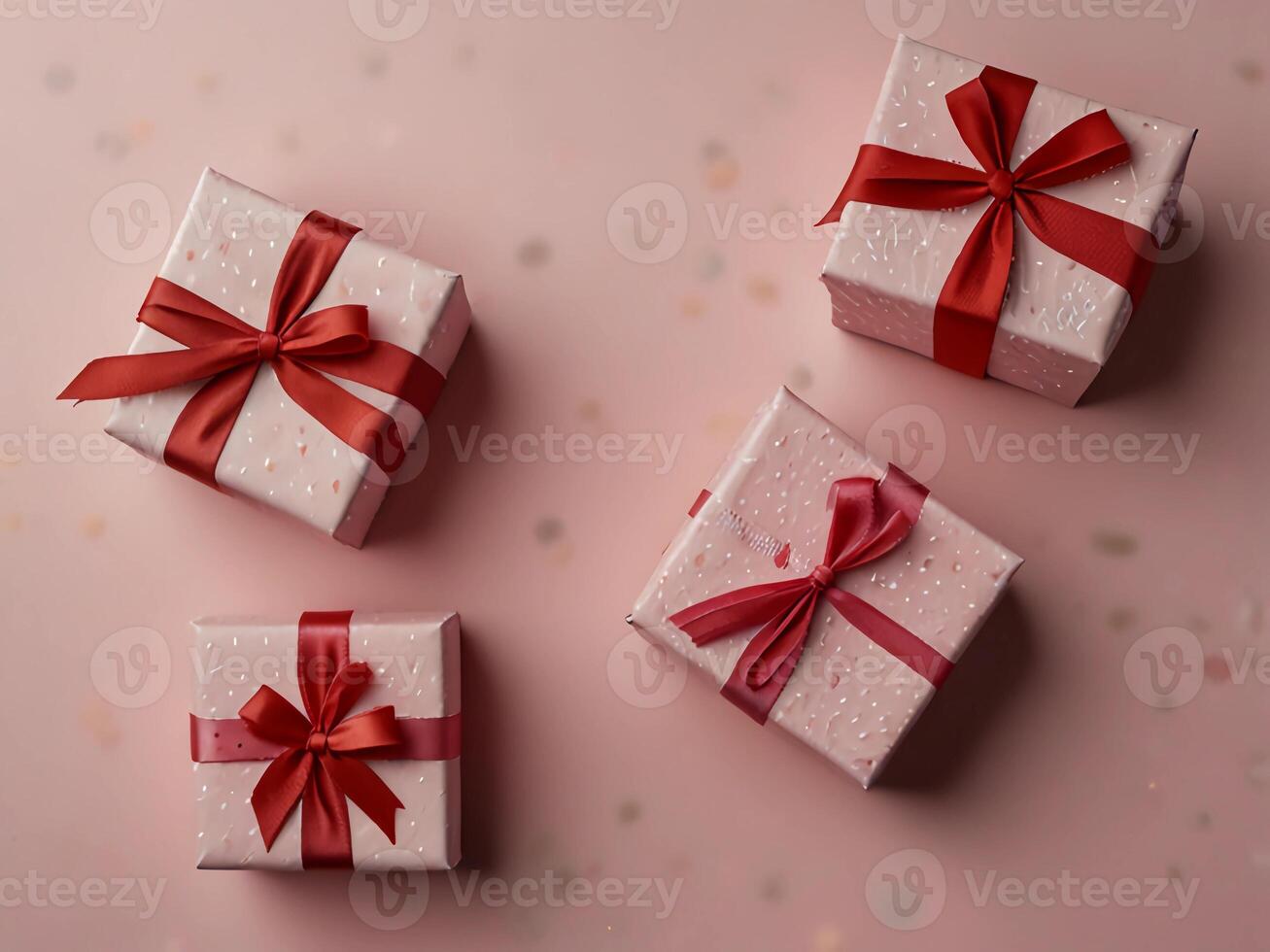 Valentine's Day flat lay composition with gift boxes and hearts on pastel pink background. Flat lay, top view. photo