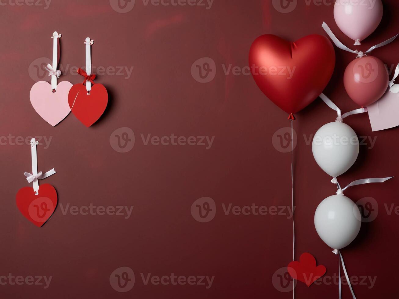 Valentine's Day flat lay composition with gift boxes and hearts on pastel pink background. Flat lay, top view. photo