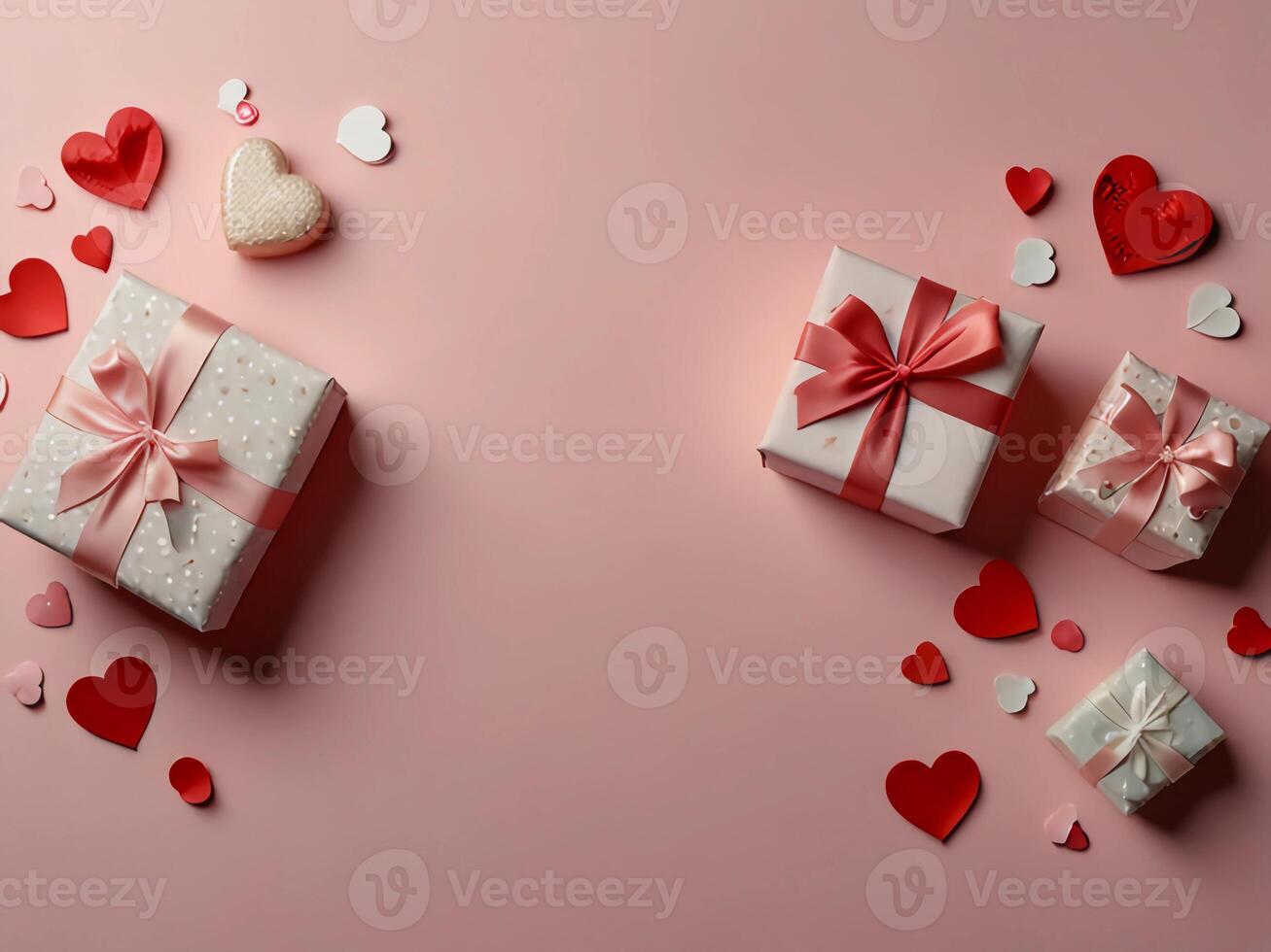 Valentine's Day flat lay composition with gift boxes and hearts on pastel pink background. Flat lay, top view. photo