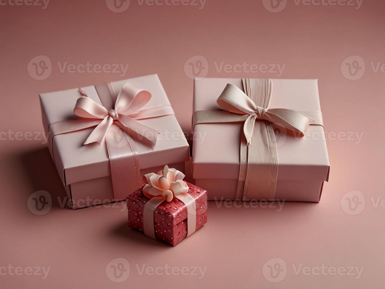 Valentine's Day flat lay composition with gift boxes and hearts on pastel pink background. Flat lay, top view. photo