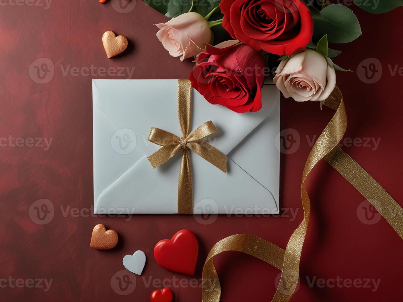 Valentine's Day flat lay composition with gift boxes and hearts on pastel pink background. Flat lay, top view. photo