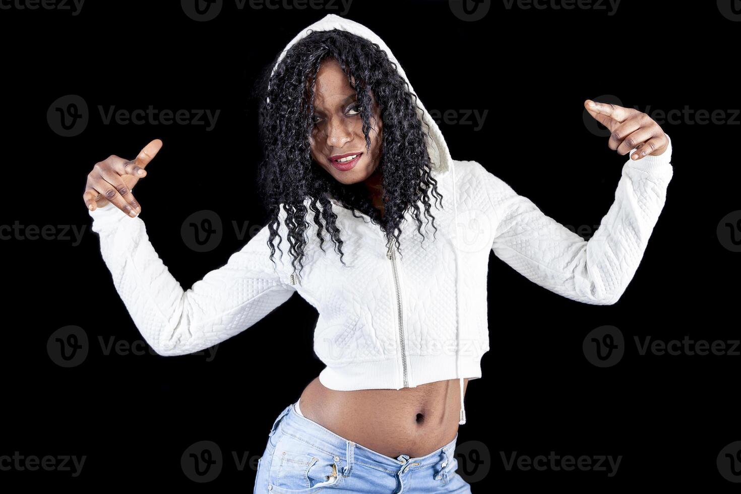 young african american girl in white hoodie gesturing with arms photo