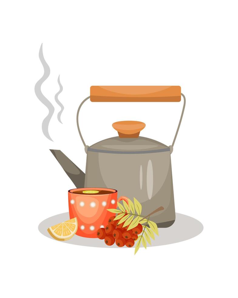 A teapot with a cup of tea and lemon and a sprig of rowan on a white background. vector