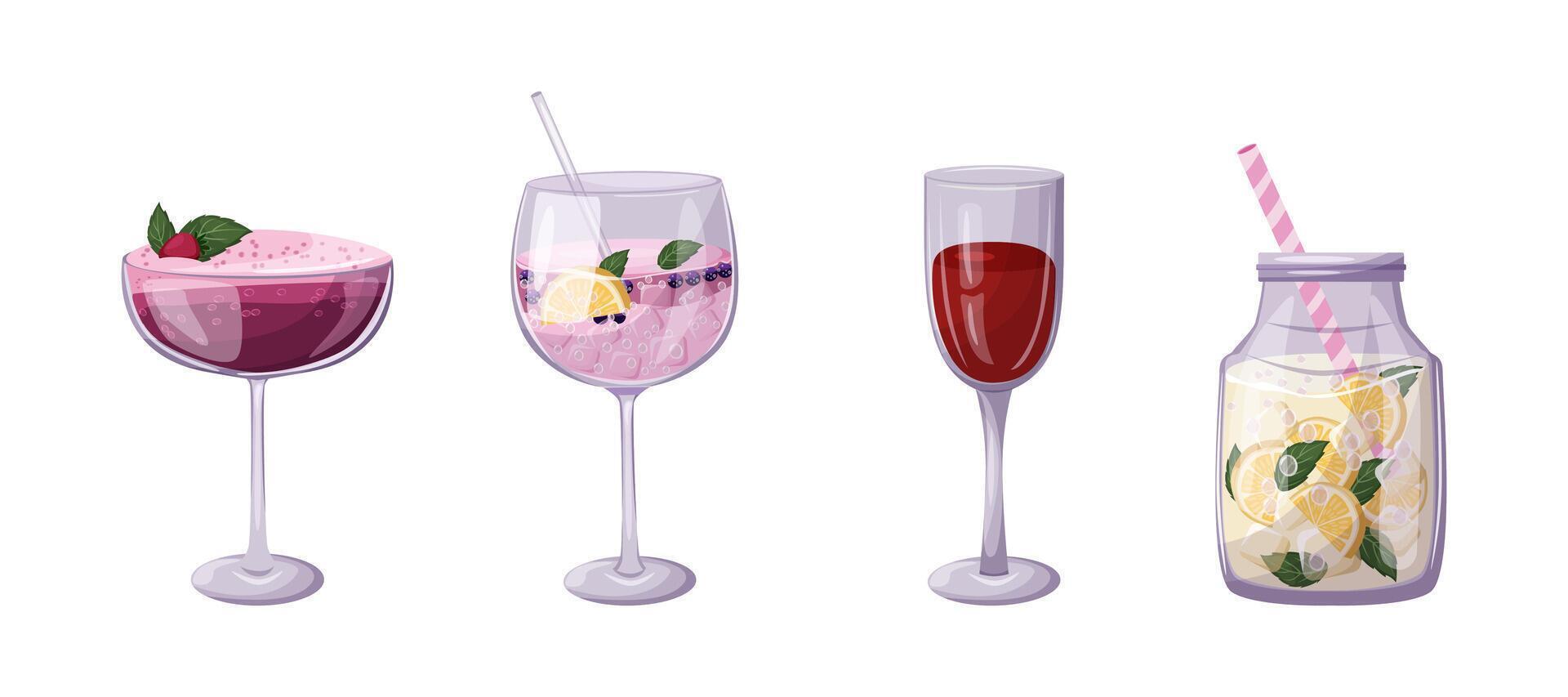 Set of refreshing drinks on a white background. Summer cocktails. Lemonade. vector