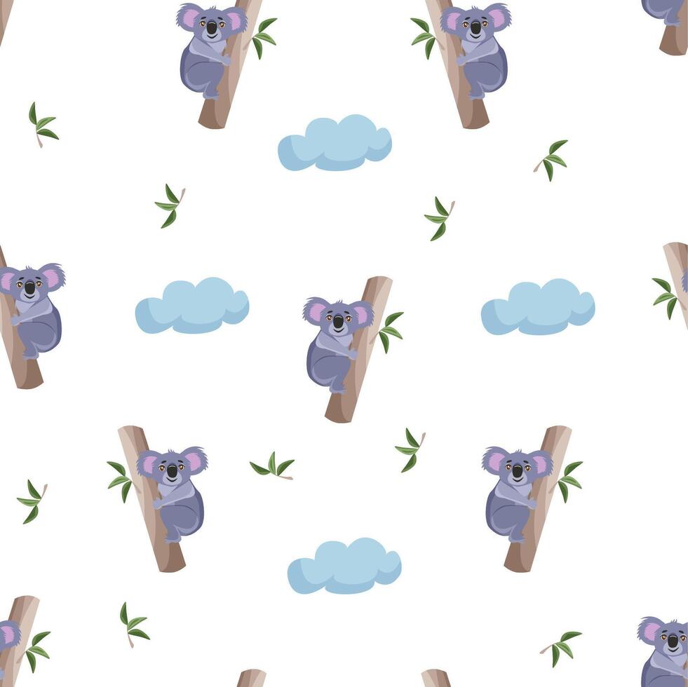 Seamless cute animal pattern. Children pattern. Koala on the tree and clouds. vector