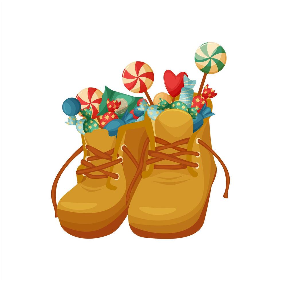 Children boots with sweets. Christmas treats, candies and lollipops. Baby shoes. Isolated illustration on the white background. vector