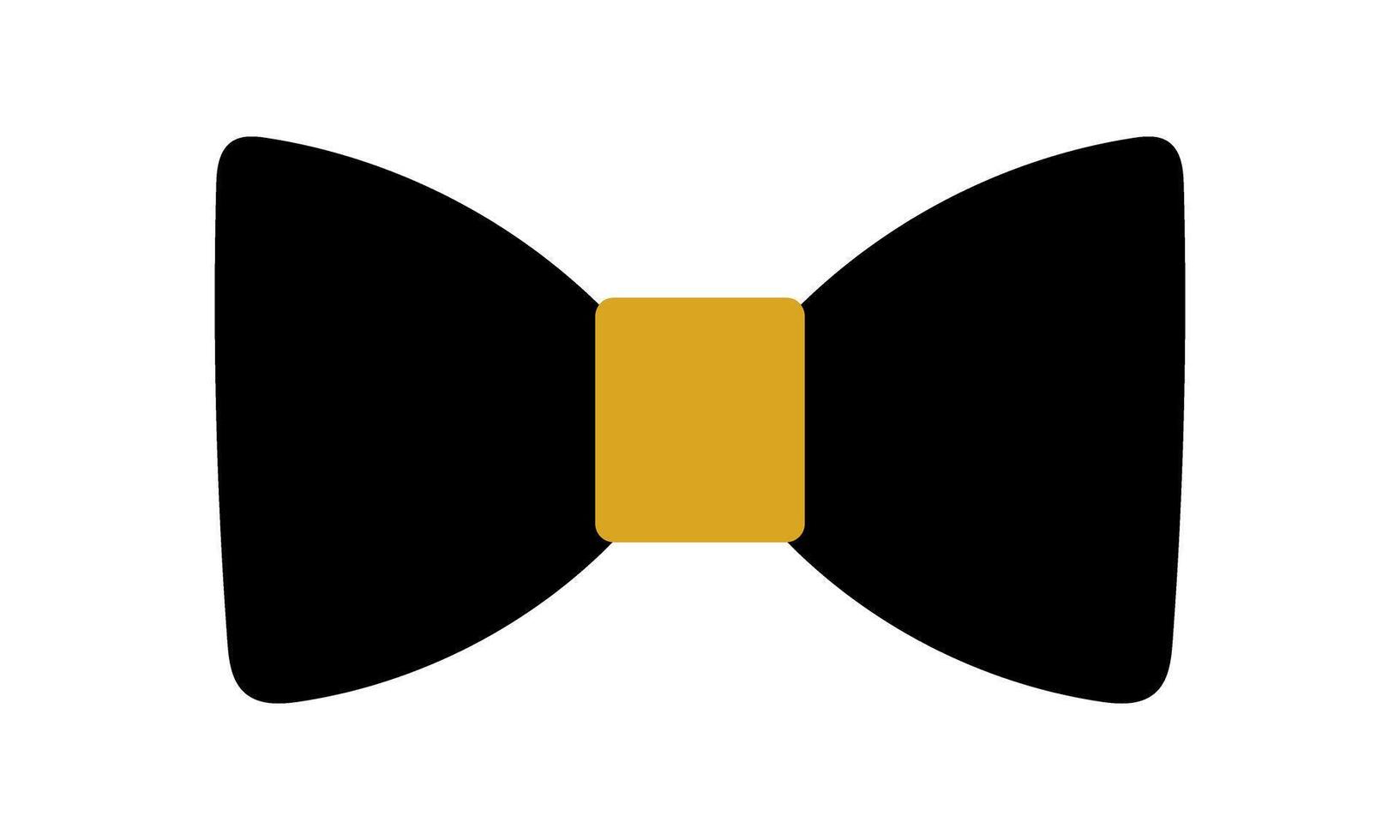A black and gold bow tie is displayed on a white background. The bow tie is made of black fabric and has a gold band around it. The design of the bow tie is simple and elegant vector
