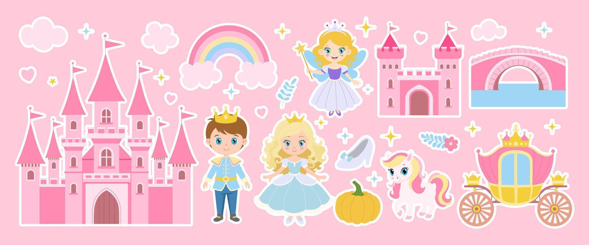 A collection of cartoon characters and objects, including a castle, a princess, a knight, a pumpkin, a horse, and a carriage vector