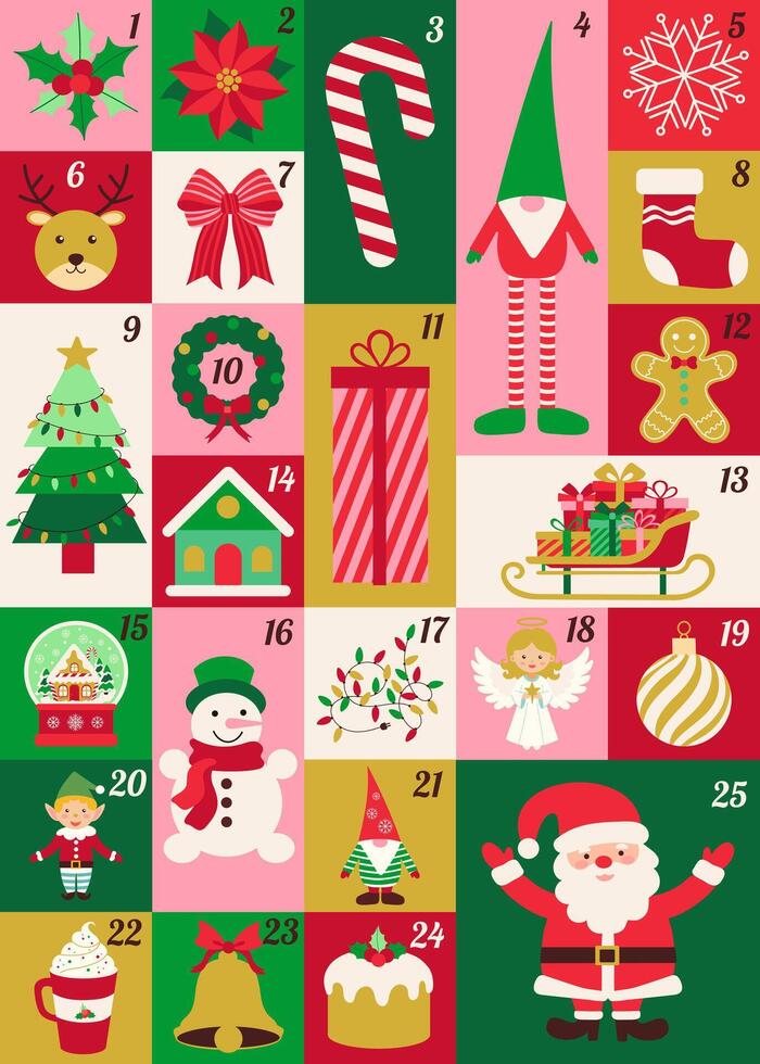 A colorful Christmas calendar with a variety of festive images, including a snowman, a gingerbread man, and a Santa Claus with a variety of festive images vector