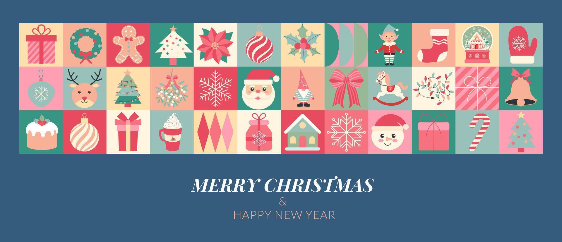 Merry Christmas is written on this blue and pink background. A variety of Christmas decorations, including a Santa Claus, a reindeer, and a Christmas tree. Scene is festive and joyful vector