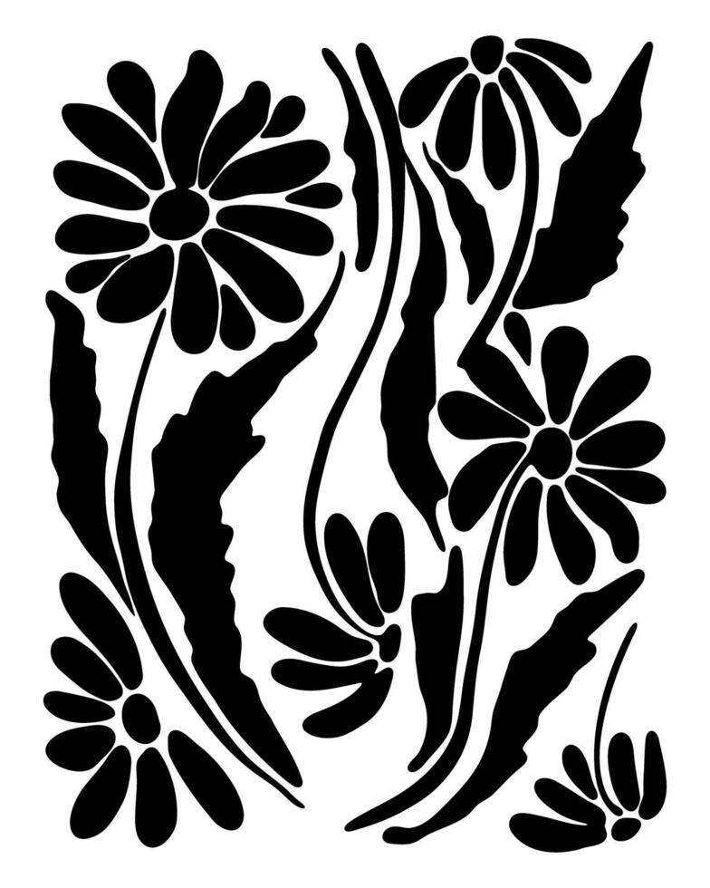 A black and white floral design with a black and white flower in the center. The flowers are arranged in a way that creates a sense of movement and flow. Scene is serene and calming vector