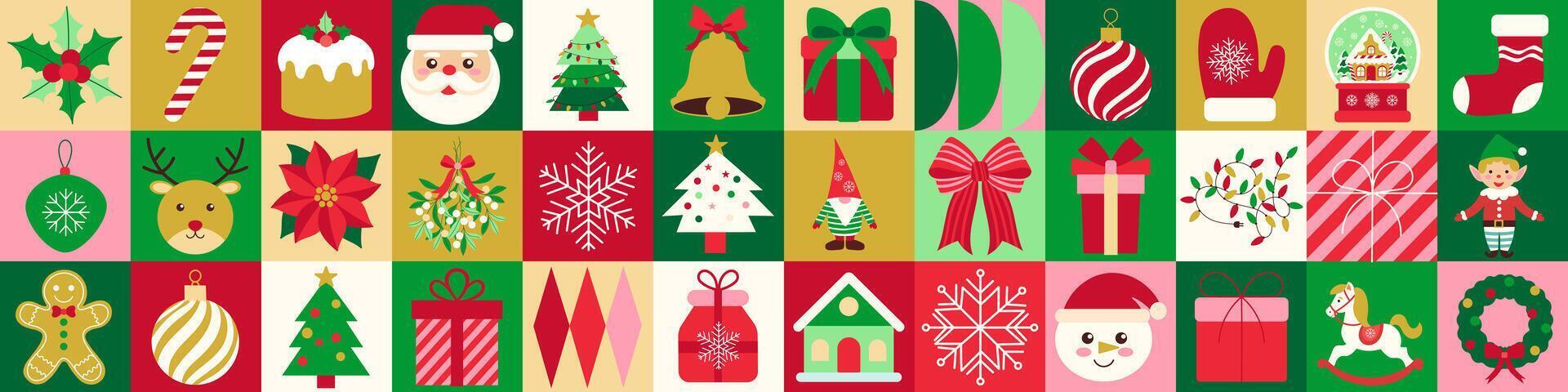 A colorful Christmas themed image with various decorations such as a Santa Claus, a Christmas tree, and a gingerbread man vector