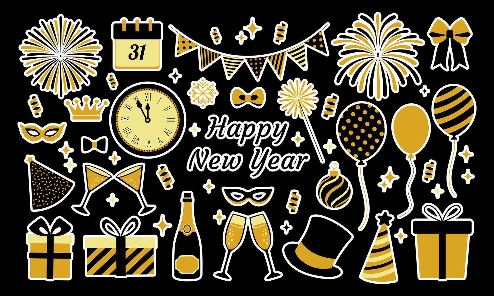 A black and gold poster with a variety of symbols and decorations, including a clock, balloons, and a crown. The poster reads Happy New Year and is meant to celebrate the start of the new year vector
