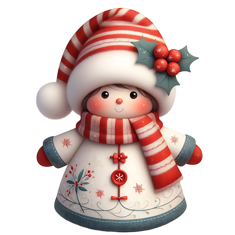 Realistic Christmas doll wearing a Christmas dress with muffler and Cranberries png