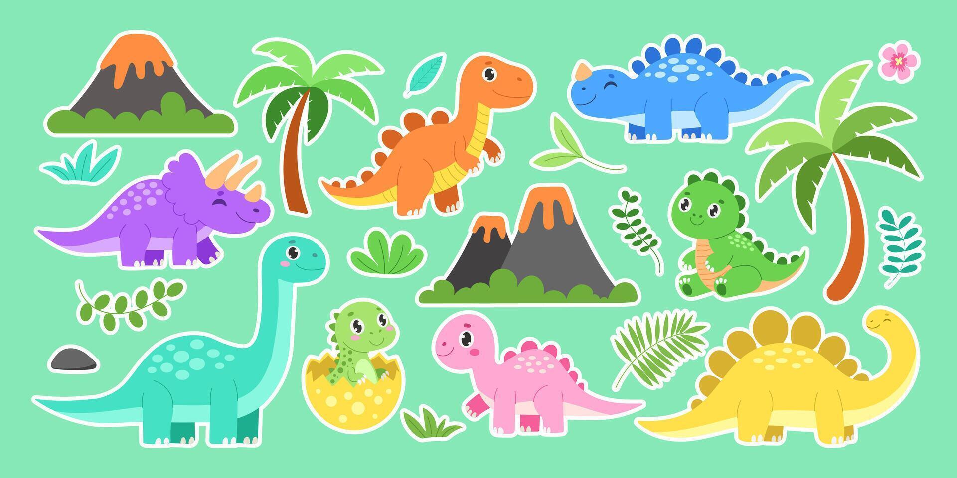 A collection of dinosaur stickers with a green background. The dinosaurs are of various sizes and colors, including a pink one vector