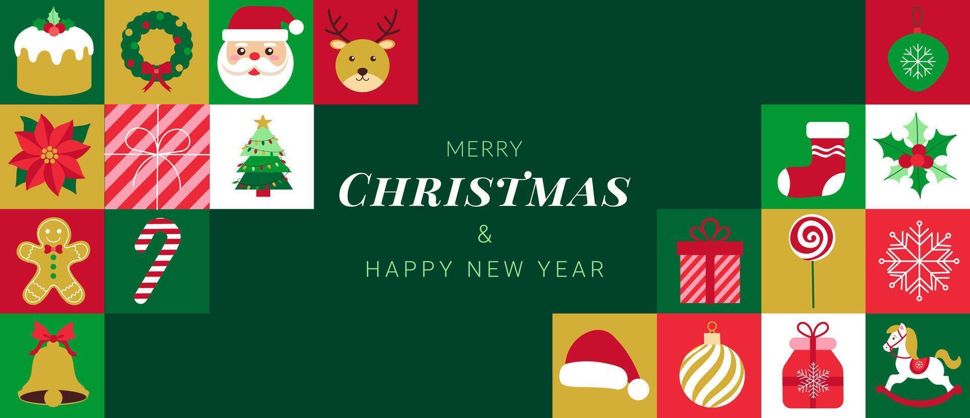 Merry Christmas and Happy New Year. A green background with a variety of Christmas decorations. A red and green Christmas tree is in the center vector