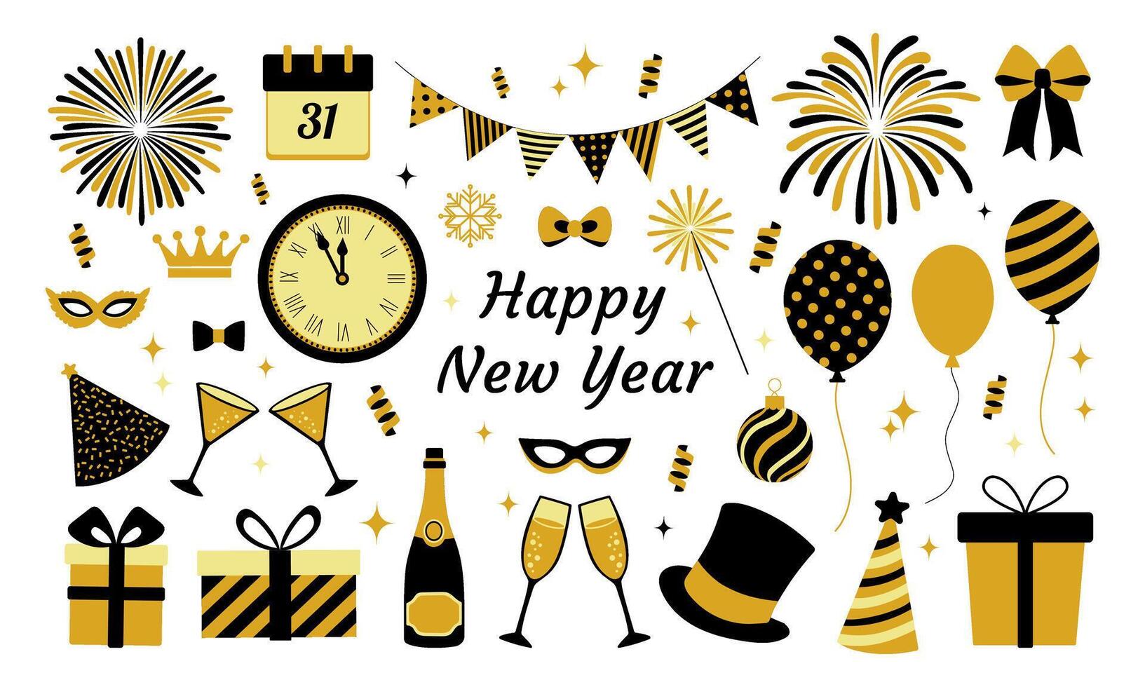 A colorful poster with a large clock and a Happy New Year message. The poster is filled with various party decorations such as balloons, hats, and glasses vector