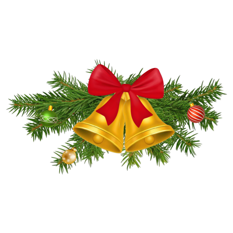 Golden Christmas Bells with Red Bow and Tree Branches png