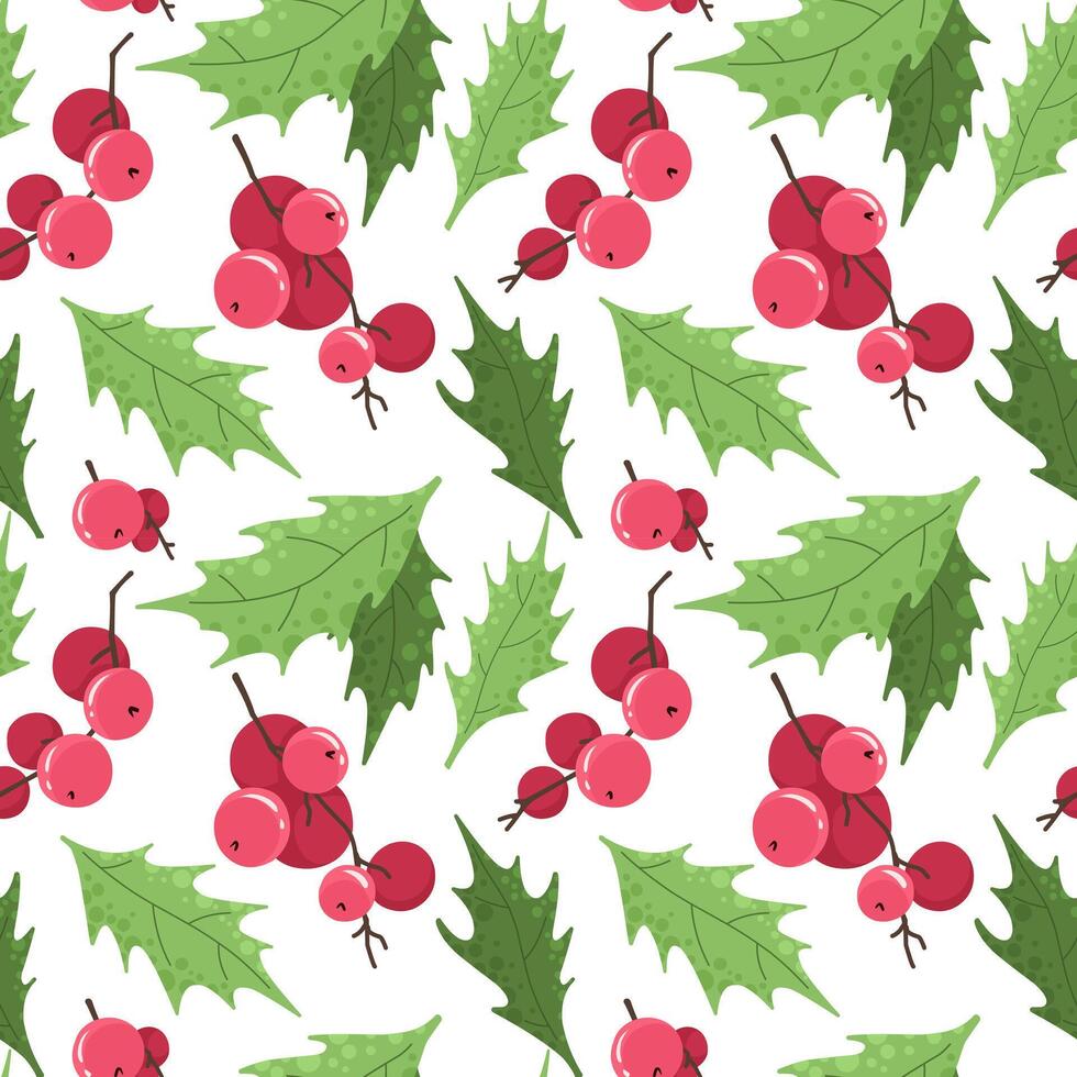 Seamless pattern with holly leaves and berries. Christmas background with botanical elements. vector