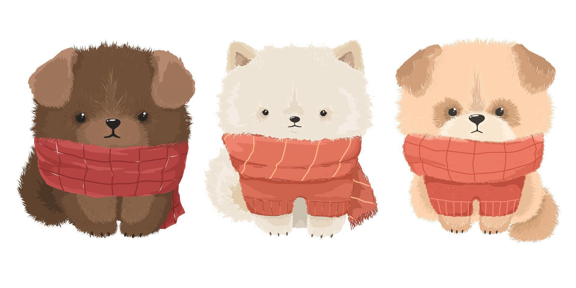 Three Spitz puppies with balloons, pets, animal print. vector