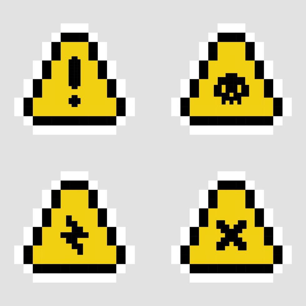 Pixelated yellow triangle warning sign set vector