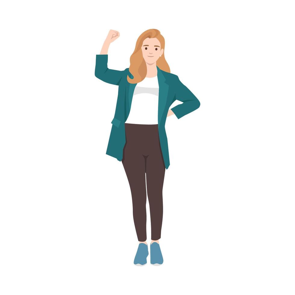 Young woman showing success gesture with raised hand fist. vector