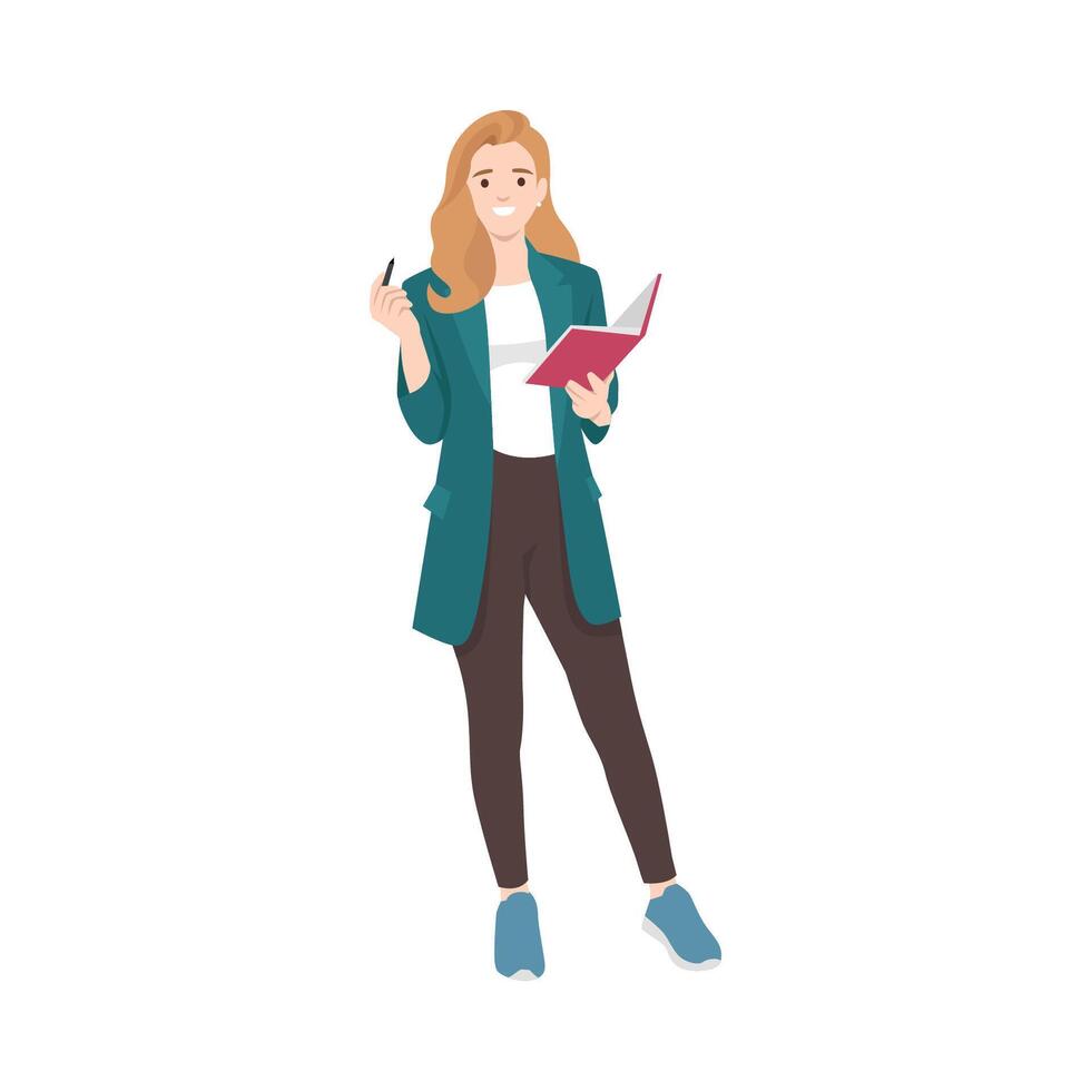 Young teacher on lesson holding book with pointer. vector