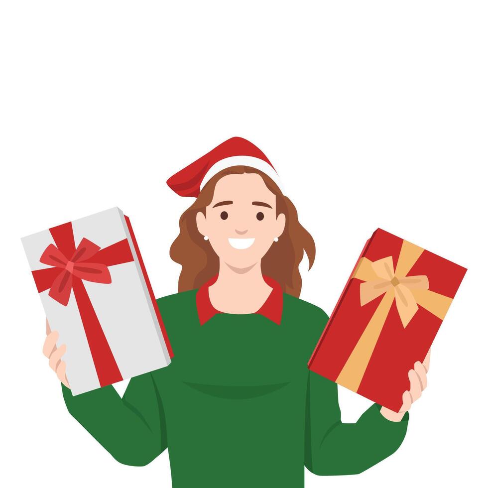 Happy woman carry presents wrapped in boxes for Xmas and New Year. vector
