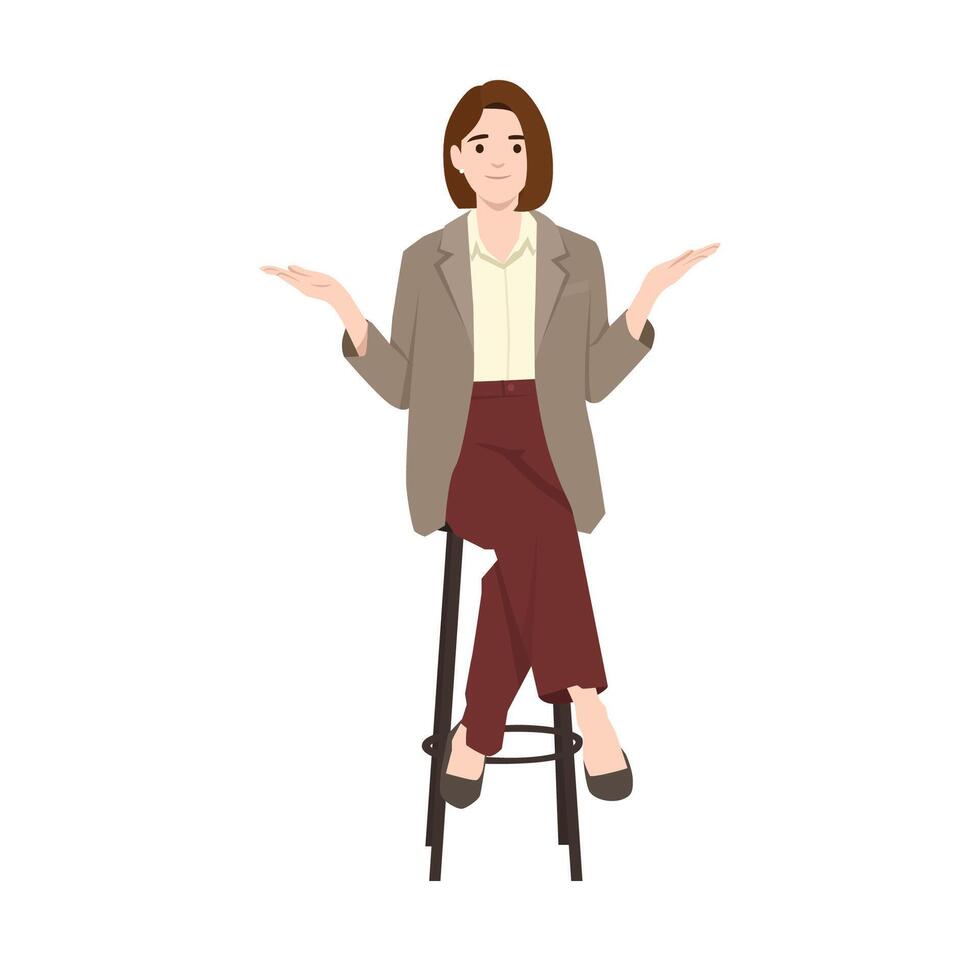 Young woman sits on stool and makes inviting gesture. vector