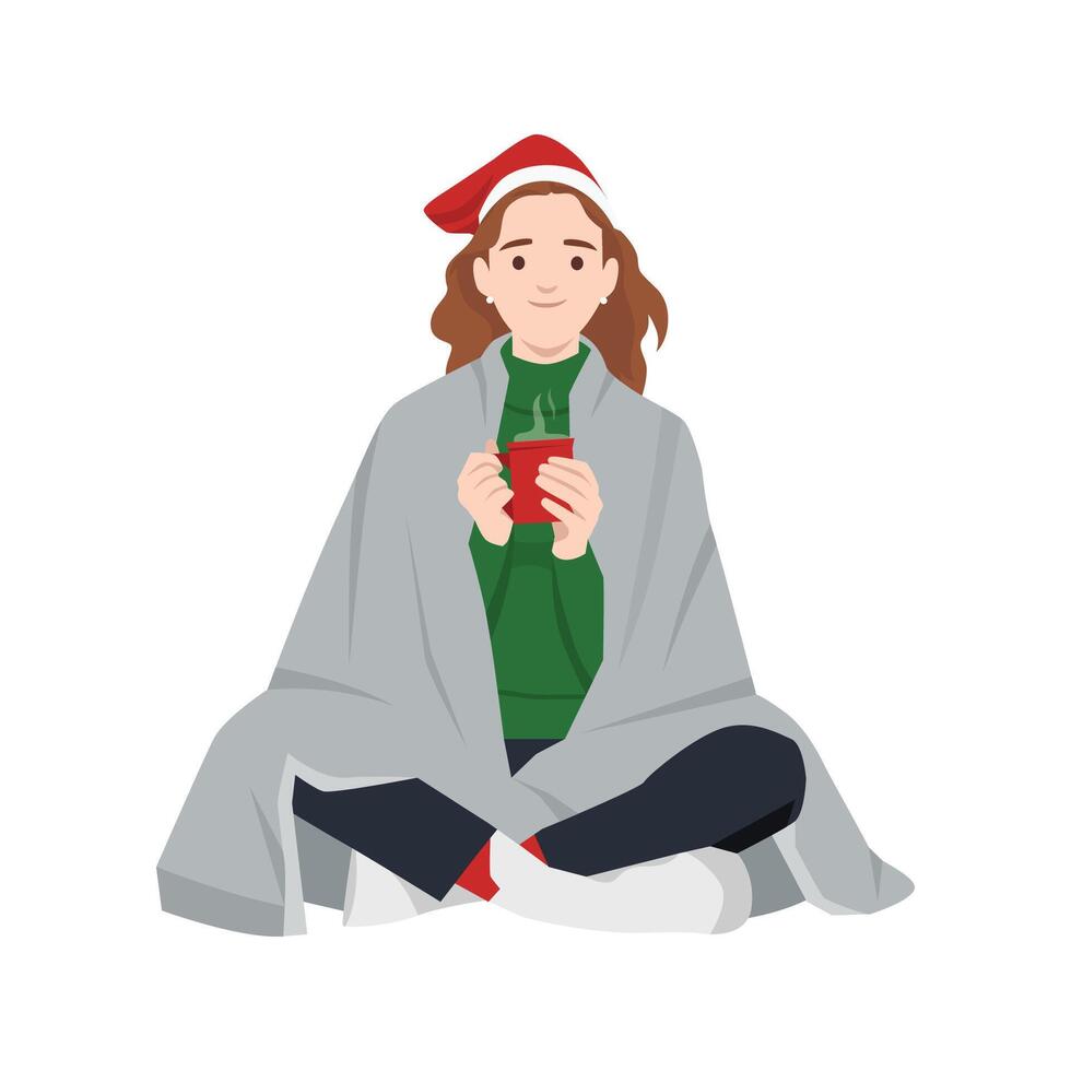 Woman with blanket on shoulders drinks hot tea to cheer up and feel comfortable. vector