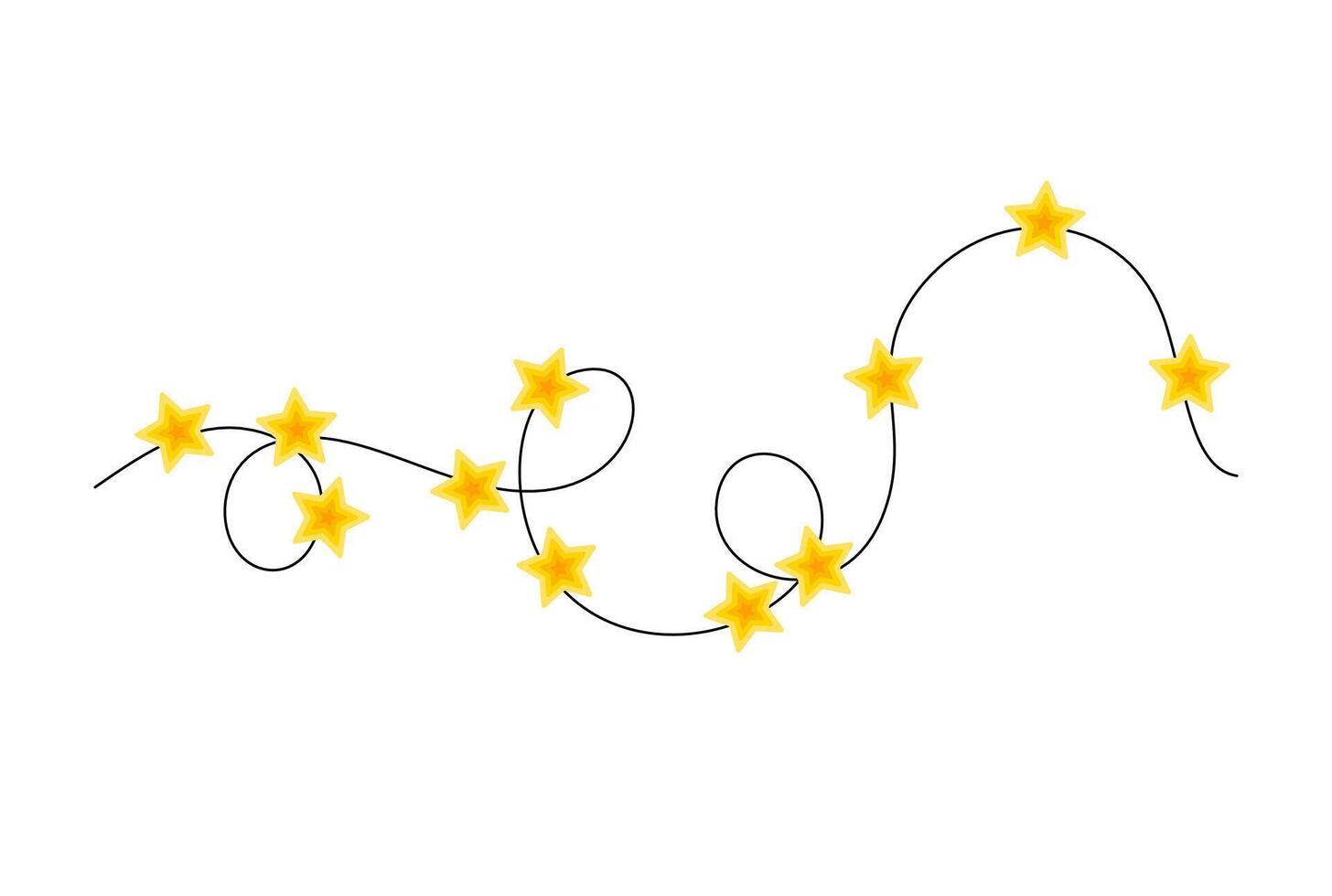 Christmas colorful yellow star lights curly string garland simple doodle hand drawn illustration, flat style cartoon image for winter New Year holiday, birthday design vector