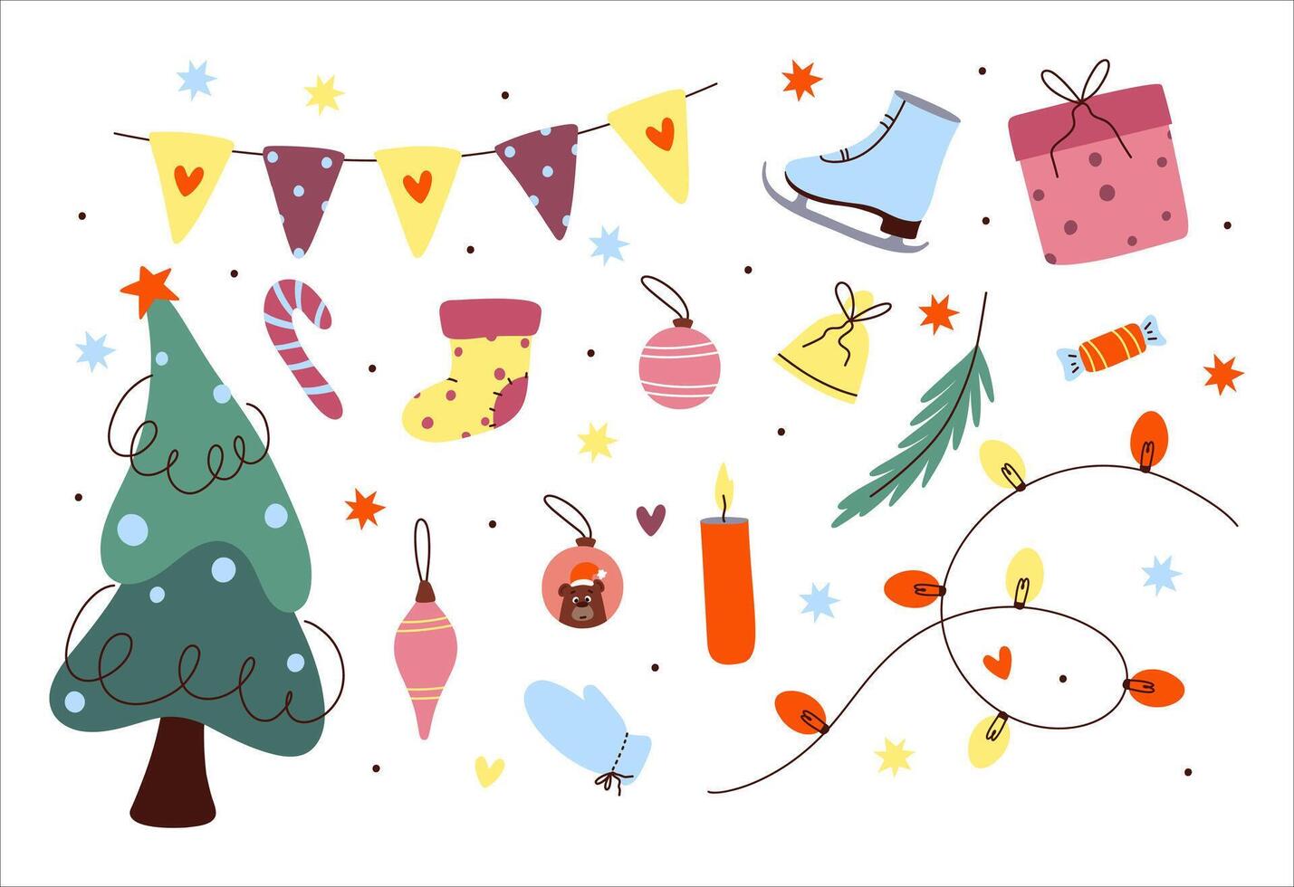 Hand drawn cute cartoon illustration of Christmas elements set. Flat winter stickers collection style. New Years icon for print. vector
