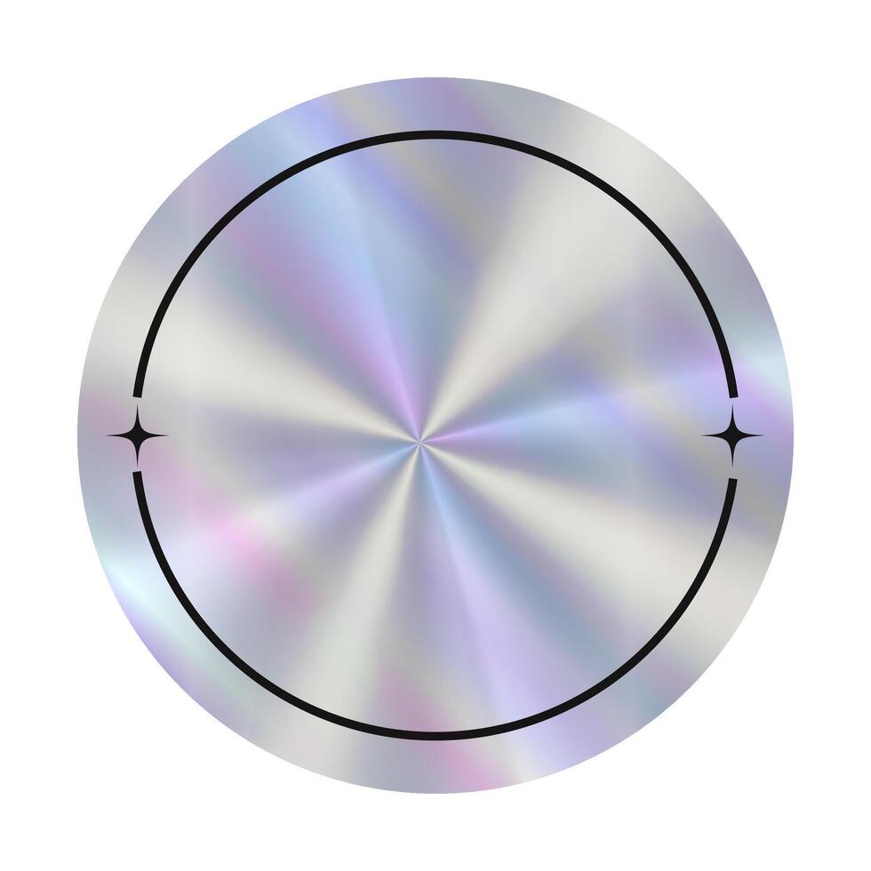 Round empty y2k Holographic sticker with lines and stars. vector