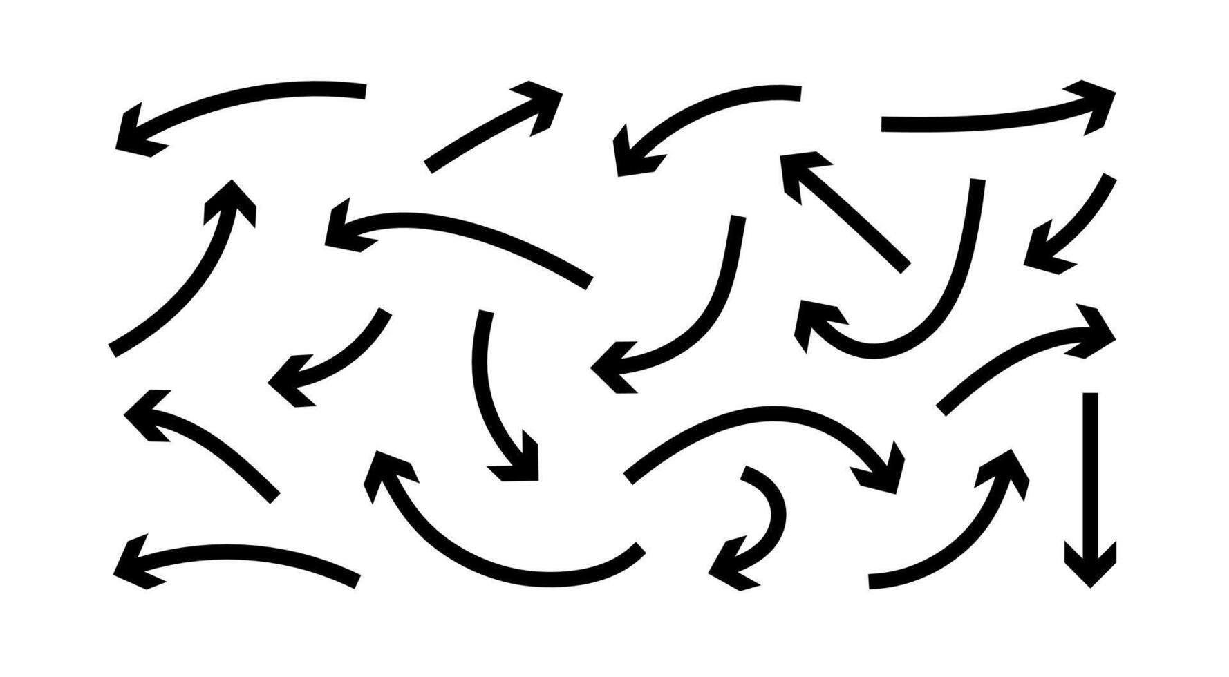 Set of angular hand drawn arrows. Bold thick lines to define direction in doodle style. Outline illustration with editable stroke for notes, business projects vector