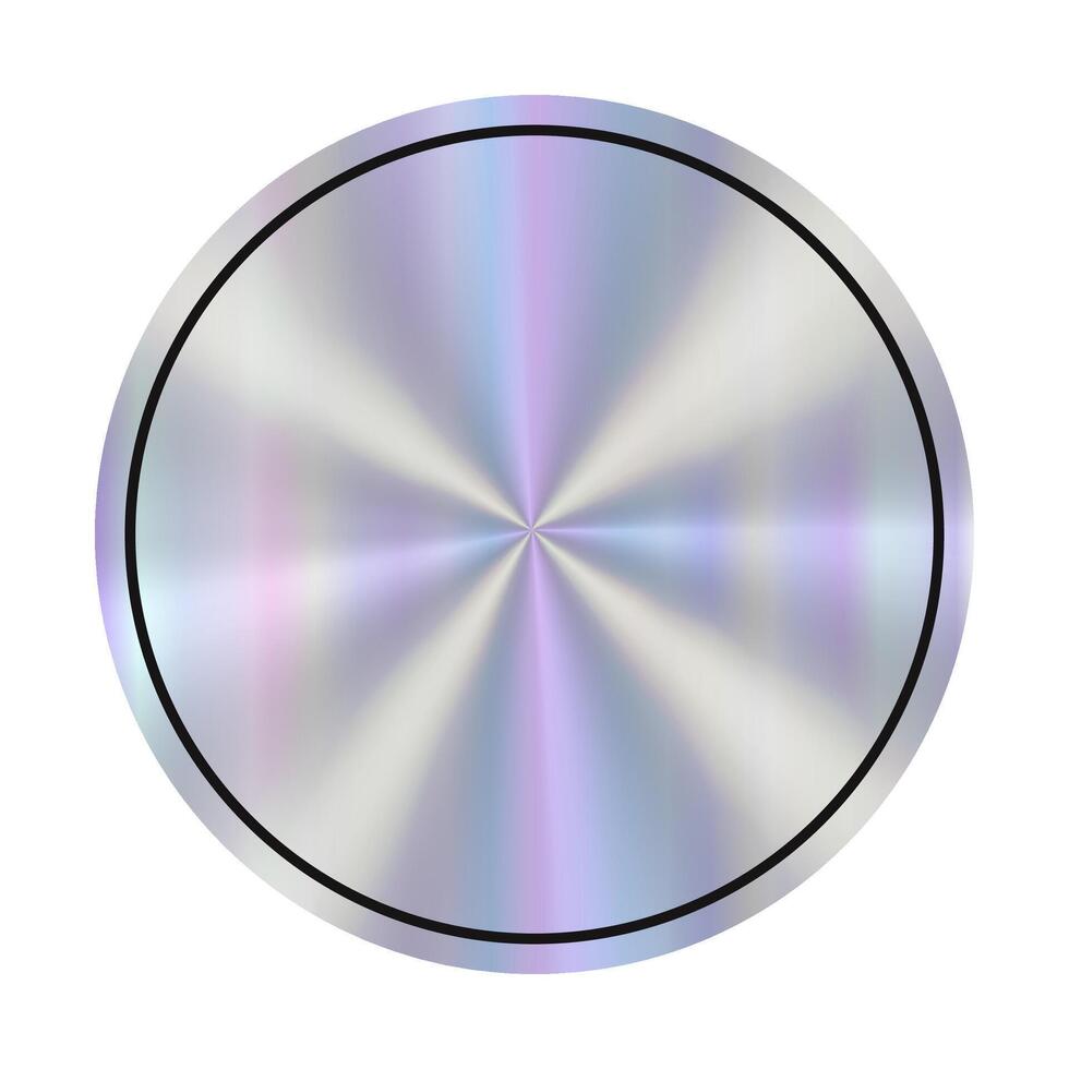 Hologram empty circular design featuring a smooth metallic surface with a gradient and central point of interest in a minimalist style. Holographic round blank sticker. vector