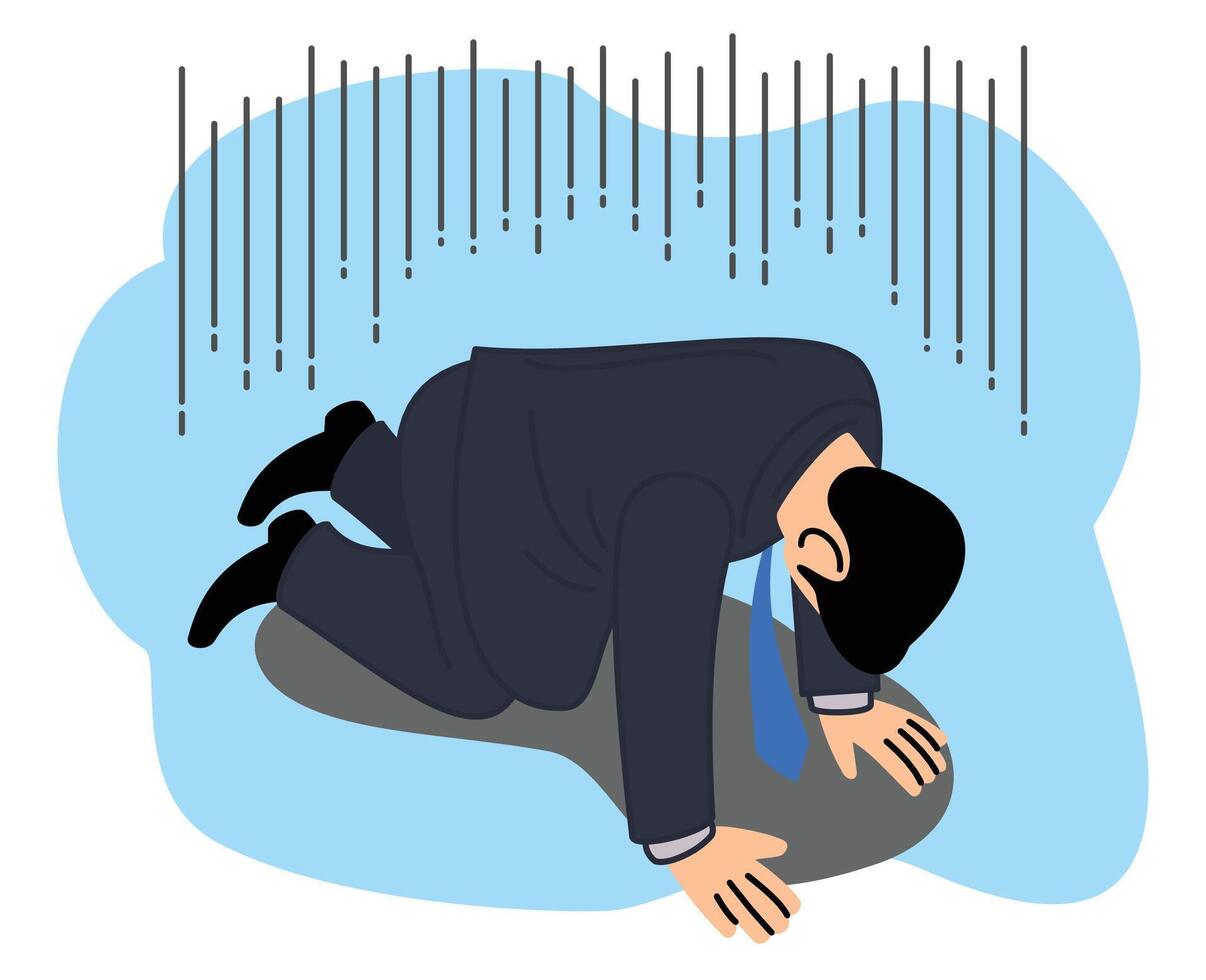 Depressed Businessman Kneeling Down with Illustration of Gloomy and Regretful Feeling vector