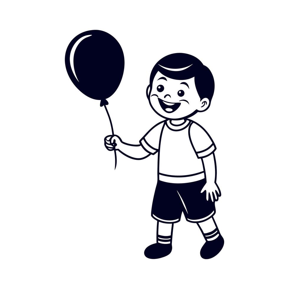 A black and white illustration of a boy holding a balloon vector
