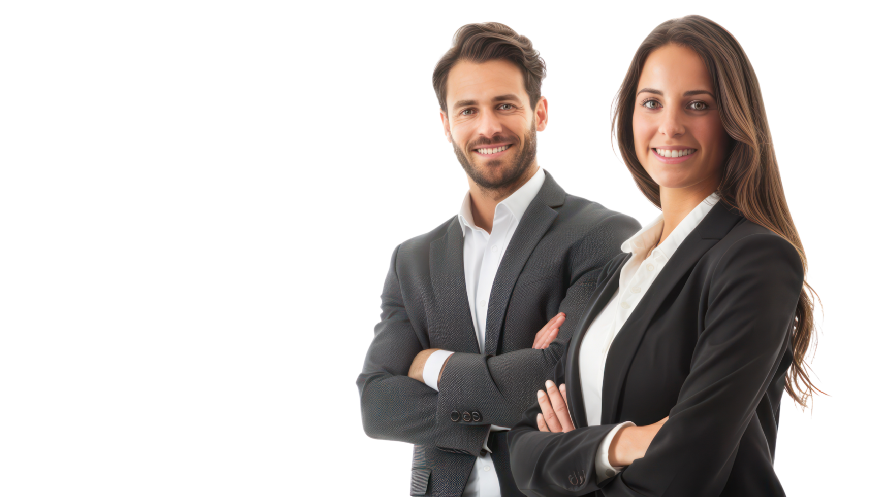 A man and a woman are posing for a picture in business attire png
