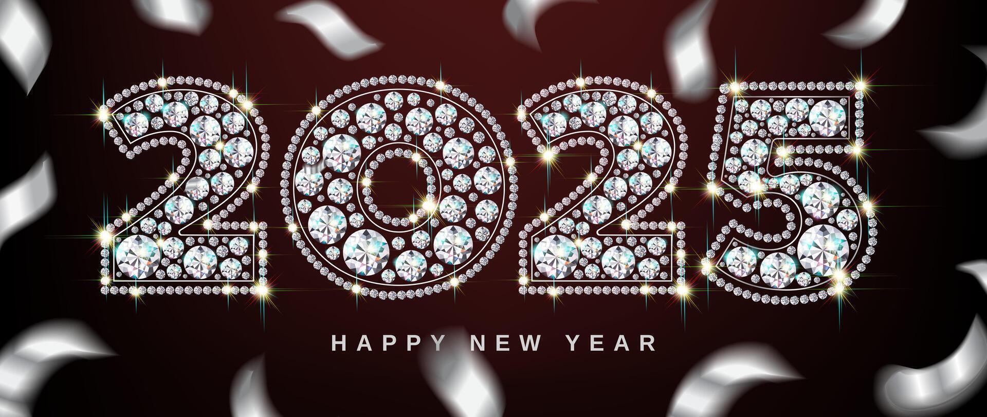 New Year 2025 luxurious numbers of diamond gemstones sparkling against a background of falling silver-colored confetti. Black background, vector