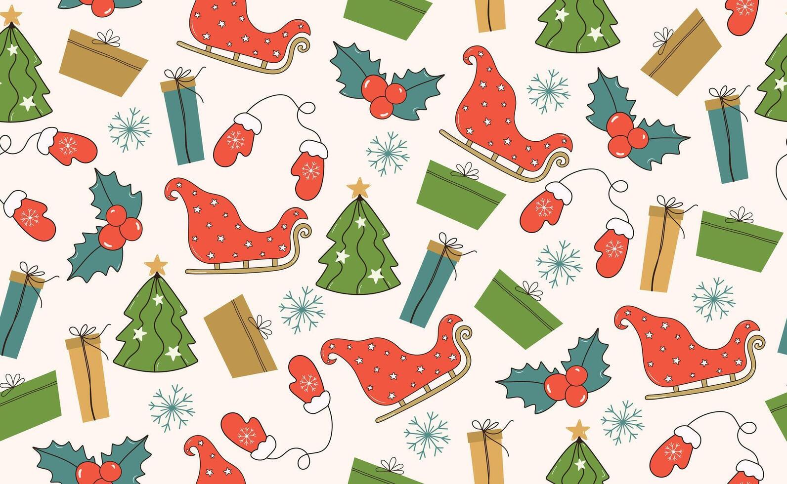 Funny Christmas seamless pattern in trendy Groovy Retro 70s y2k style. Retro cartoon character. Cute Christmas Tree, Poinsettia, Santa Claus Sleigh, Mittens, Gift Box, Snowflake. illustration vector