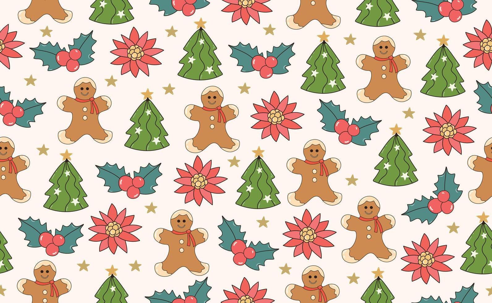 Funny Christmas seamless pattern in trendy Groovy Retro 70s y2k style. Retro style cartoon character. Cute Tree, Gingerbread, Poinsettia. illustration vector