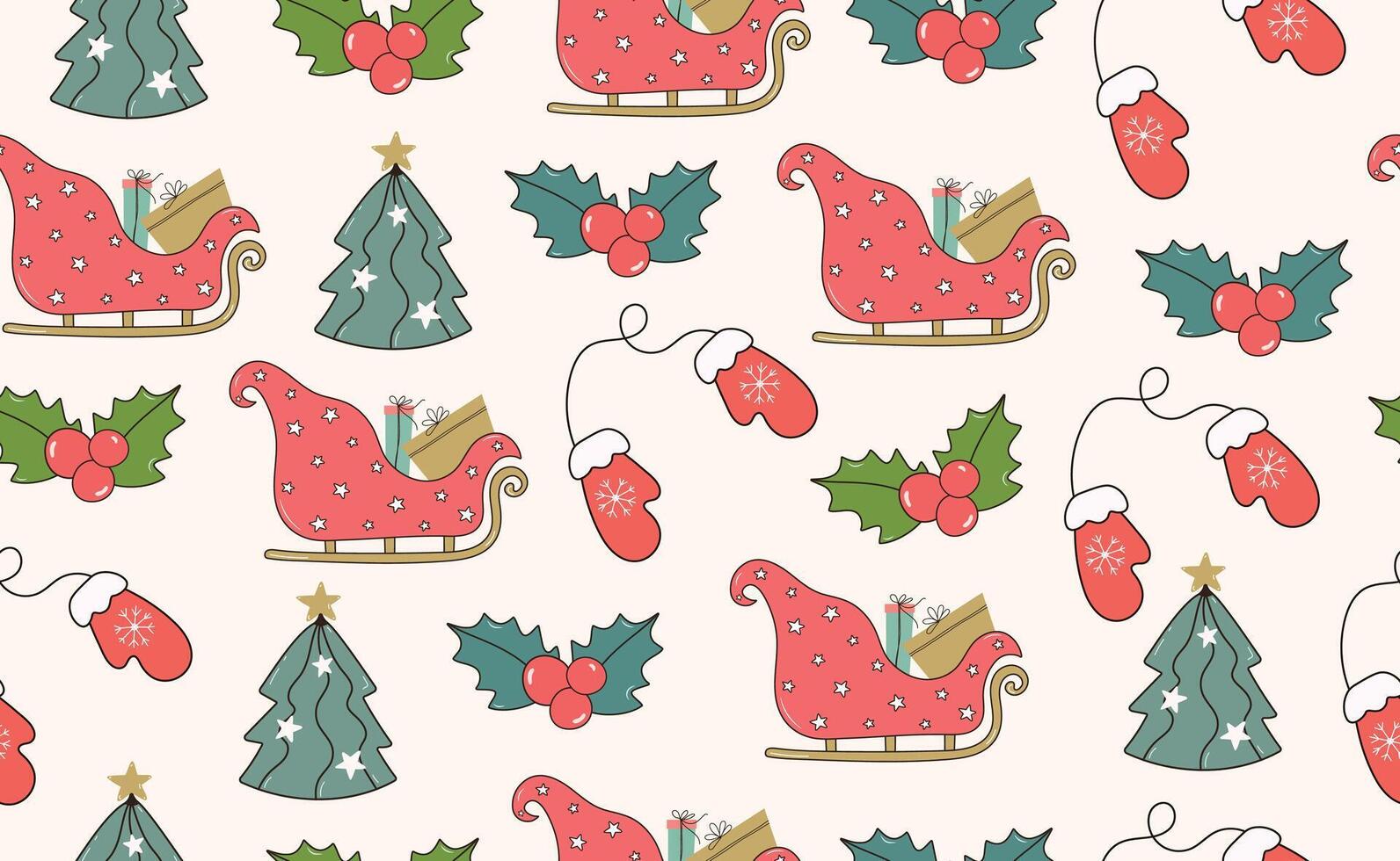 Funny Christmas seamless pattern in trendy Groovy Retro 70s y2k style. Retro style cartoon character. Cute Rowan Branch, Christmas Tree, Poinsettia, Santa Claus Sleigh, Mittens. illustration vector