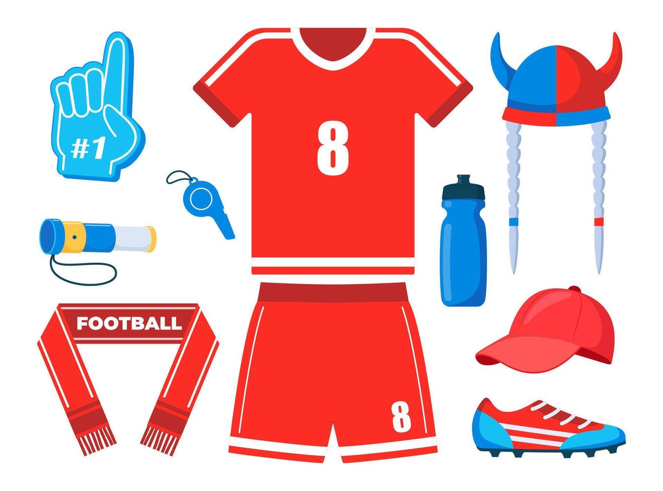Football game and fan attributes. Soccer cheer accessories. Football match, competition, championship. Set of elements for soccer, football sport event. illustration. vector